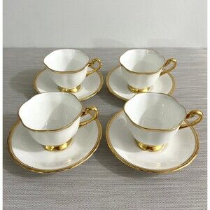 VTG 4 Sets Royal Chelsea English Bone China Gold & White Teacups & Saucers #648A